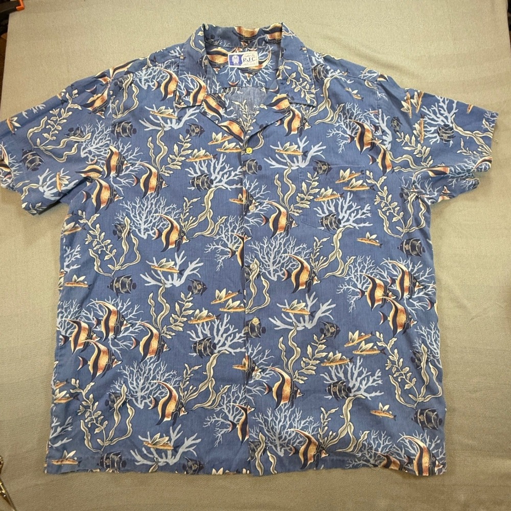 RJC Hawaiian Shirt Mens Blue Tropical Fish Coral Print Hawaii Made 2604